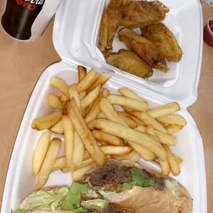 Steak And Cheese Sub Combo Meal w. 5 Wings (Lemon Pepper Wings], Fries and a Drink
