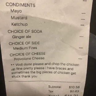 a receipt for a chicken sandwich