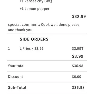 Receipt shows I'm asking wings to be cooked well but still undercooked