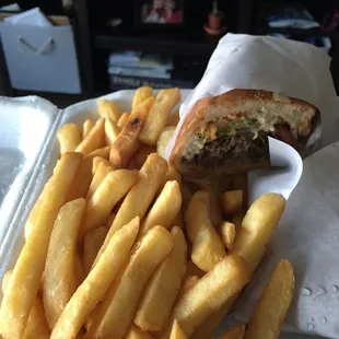 Fries and cheesesteak.