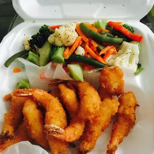 Fried shrimp and veggies. Love the healthier options here.
