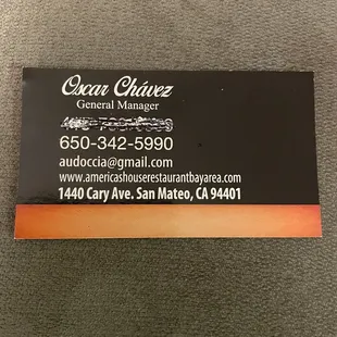 Mr. Saul handed me this business card of his Dad's awesome restaurant place! :))