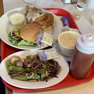 Chicken sandwich with potato soup