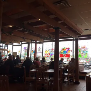 This photo is a little dark but there is a cool trellis in the middle of the restaurant &amp; still nicely decorated for Christmas!