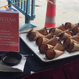 Delicious chocolate bacon dipped cones!!