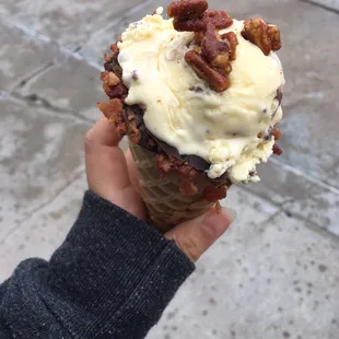 Butter brickle and bacon I ce cream with candied pecans!