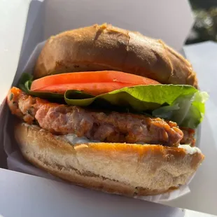 Salmon burger with tartar sauce, pickled red onion, lettuce, tomato, and cucumber.