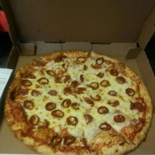 Extra large, extra cheese, old fashioned pepperoni! Spicy, just how I like it