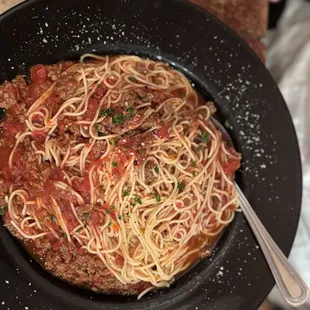 Angel hair and meat sauce