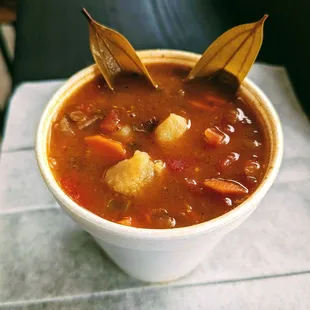 a bowl of chili and potato soup