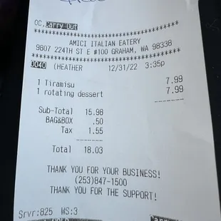 the receipt for the restaurant