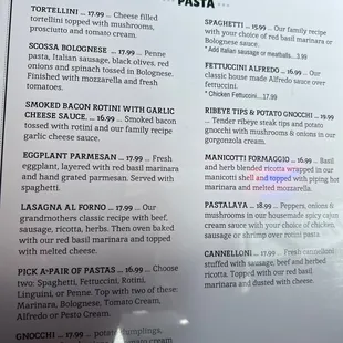 Pasta Menu