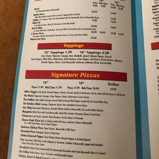 a menu for a pizza restaurant