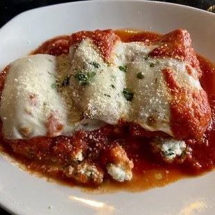 The eggplant roles comes with a side of spaghetti marinara, and 4 scrumptious fresh baked garlic rolls, for only $16.99.