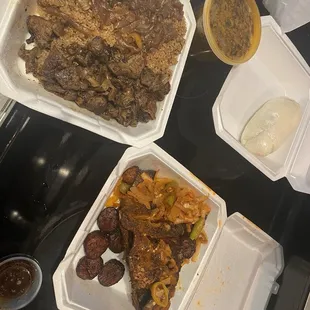 Jollof rice w/grilled lamb, egusi soup with fufu, and grilled fish with plantain.