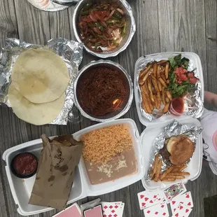 Barbacoa specialty dish, kids hamburger, extra grilled veggies (red onion, bell peppers, tomato)