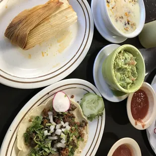Homemade tacos and guacamole (small) and tamale