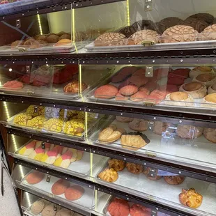 a variety of donuts in a display case