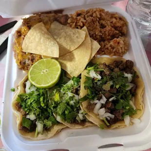 3 tacos with rice and beans