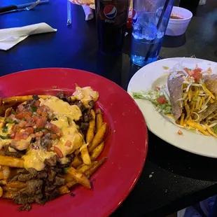 Asada Cheese Fries and 2 Deep-Fried Flour Tacos with rice