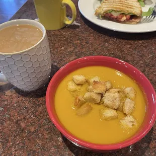 A healthily lunch of Carrot ginger soup and BLT