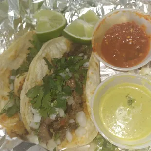 Shrimp and Asada Taco with Mild and Hot Sauces...