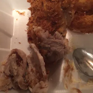 Wafer thin, over cooked, over breaded and burnt breading