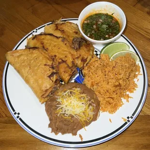 Birria Tacos with Consommé, Beans, and Rice