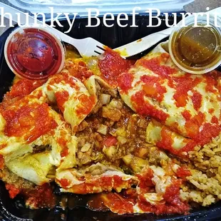 Wet Wendsday Burrito Smothered Chicken Sweet Onion Salsa Filled with Chunky Beef Wowed