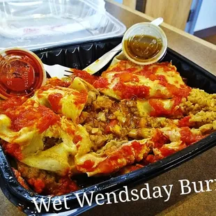 Wet Wendsday Burrito Smothered Chicken Sweet Onion Salsa Filled with Chunky Beef Wowed