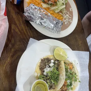 Tacos: Asada, camaron  Rice &amp; bean that accompanied our fajitas