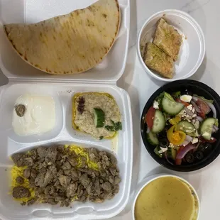 Chicken Shawarma lentil soup Greek salad baklava