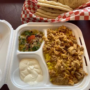shawarma plate. includes rice, hummus, and pita