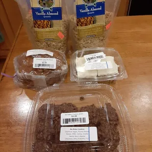 No-bake cookies, pineapple carrot nut bread, pumpkin bars, vanilla almond granola.