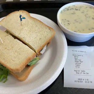 Roast beef sandwich and potato soup.