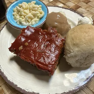 Momma Yoder's Meatloaf with Mac n Cheeseabd Real Mashed Potato and Gravy and roll