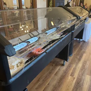 a buffet table with food on it