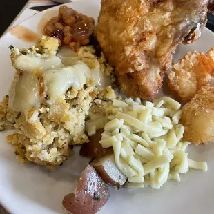 My buffet plate-broasted chicken, noodles, dressing, red potatoes, and a bit of bbq beans