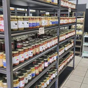 Tons of pickles and jams and oils and barbeque sauces and honeys galore!!