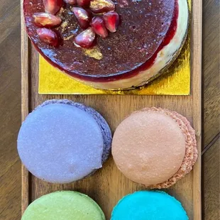 Macarons and pomegranate cheesecake