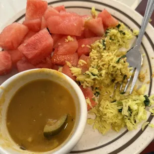 Fresh Watermelon, lemon rice and Sambar