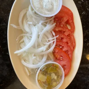 Extra onions, extra tomatoes, sauce on the side and Giardiniera.