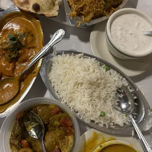 Chicken Korma, lentil soup, pickle veggies &amp; chicken biryani