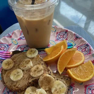 peanut butter banana honey toast, fresh fruit, iced latte