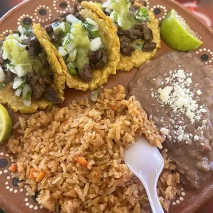 Asada tacos with rice and beans