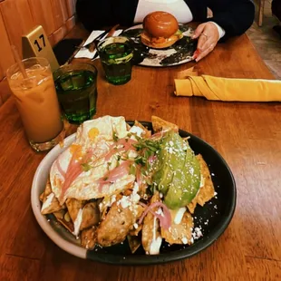 Chilaquiles verdes , dirty agua de sebada