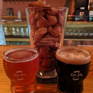 Baby pours of Spiced Pumpkin and Chai Milk Stout plus a pint o' peanut butter filled pretzels!