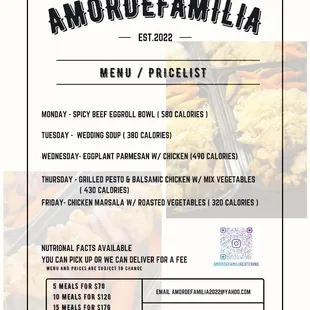 This weeks menu along with the nutrional facts