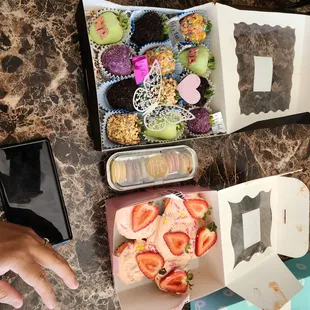 strawberries and cupcakes. Macaroons were thrown in for me to try.