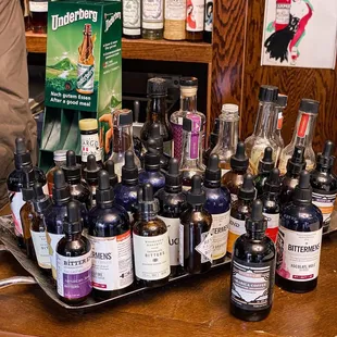 bottles of alcohol on a bar counter
